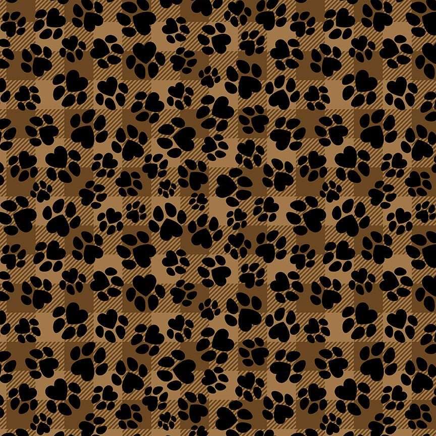 Timeless Treasures Tossed Paw Prints On Plaid Checkered Print Brown (TT Happiness Has Paws 3)