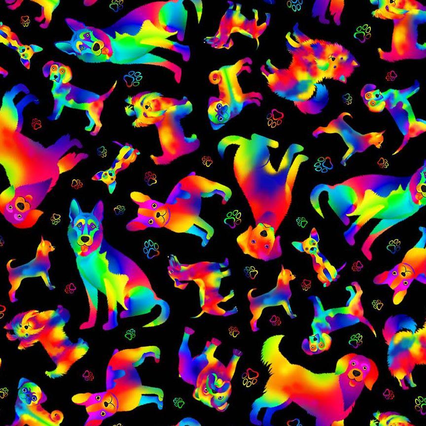 Timeless Treasures DOG CD8806  BLACK – Puparazzi Ombre Rainbow Cartoon Dogs 100% Cotton Remnant (24cm x 112cm TT Puparazzi 1)