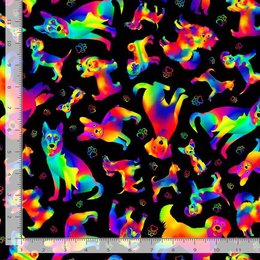 Timeless Treasures DOG CD8806  BLACK – Puparazzi Ombre Rainbow Cartoon Dogs 100% Cotton Remnant (24cm x 112cm TT Puparazzi 1)