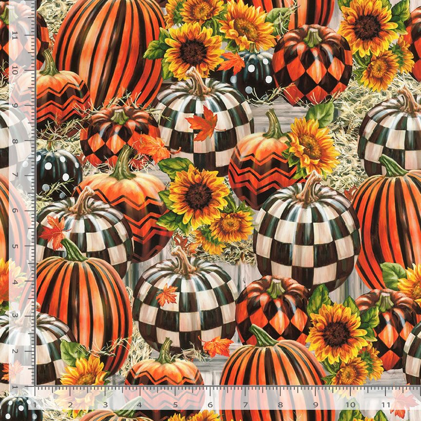 Timeless Treasures Large Checkered Plaid & Stripe Pumpkin Halloween Sunflowers Orange (TT Bewitched 2)