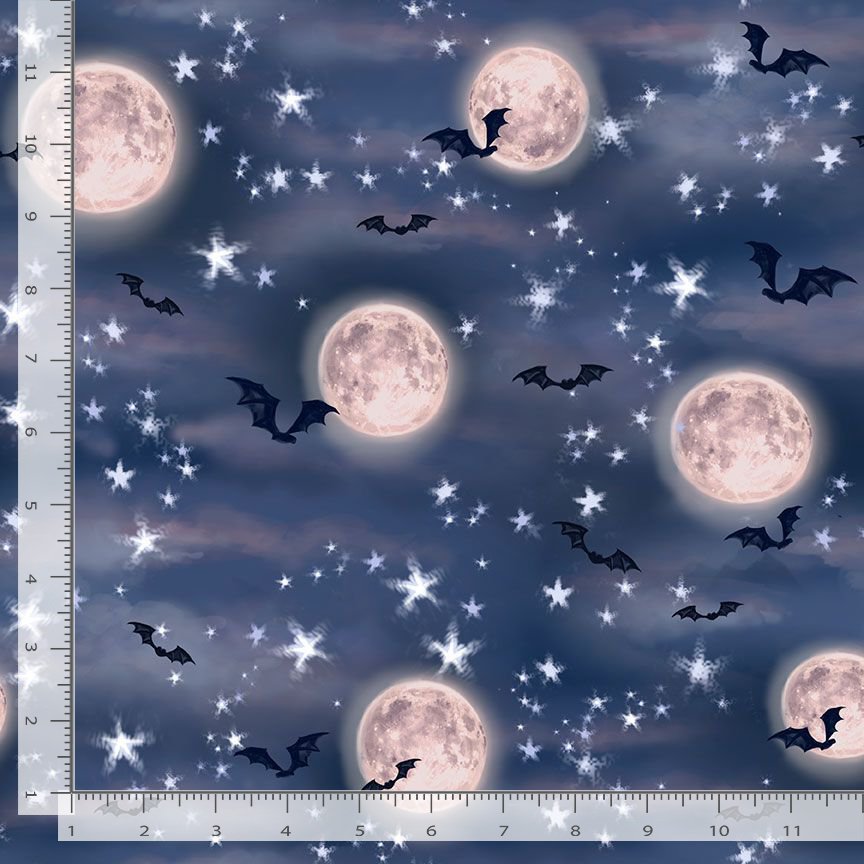 Timeless Treasures Flying Bats In The Night Sky Moon Stars Night Dark Blue (TT Bewitched 3)
