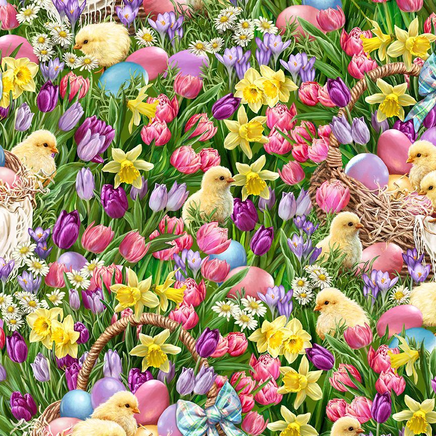 Timeless Treasures 100% Cotton Fabric Animal Chicks Easter Eggs Tulips Flowers Garden Multi-Coloured (TT Just Hatched 1)