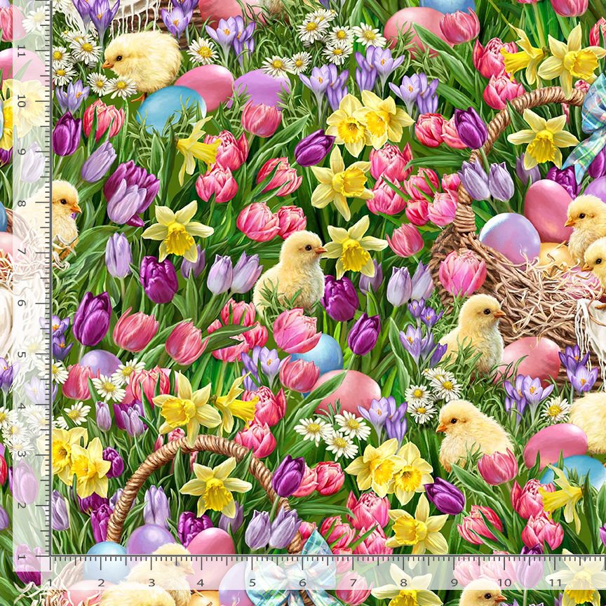 Timeless Treasures 100% Cotton Fabric Animal Chicks Easter Eggs Tulips Flowers Garden Multi-Coloured (TT Just Hatched 1)