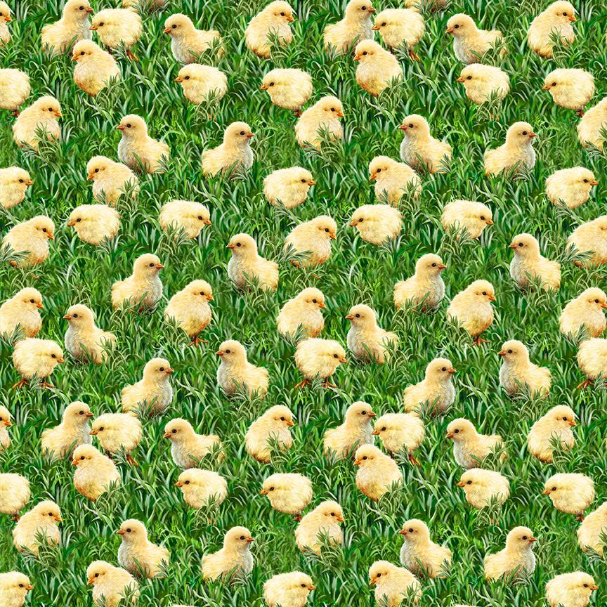 Timeless Treasures 100% Cotton Fabric Animal Cute Baby Chicks On Grass Easter Garden Green (TT Just Hatched 3)