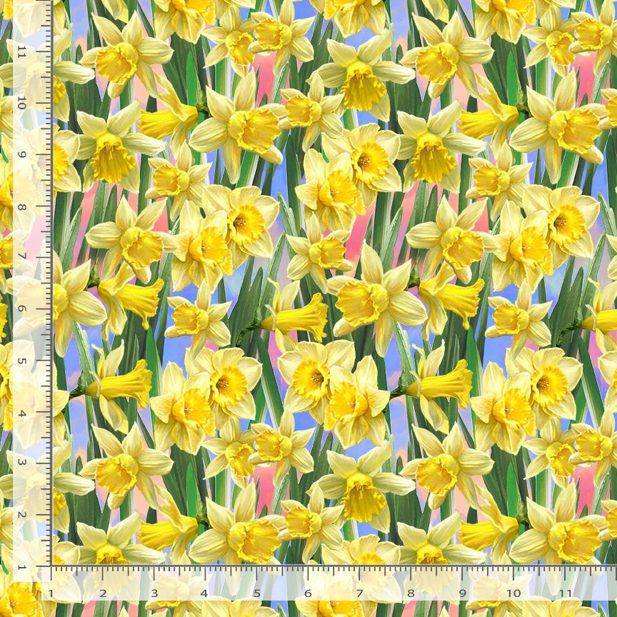 Timeless Treasures 100% Cotton Fabric Yellow Daffodils Flowers Floral Multi-Coloured (TT Just Hatched 4)