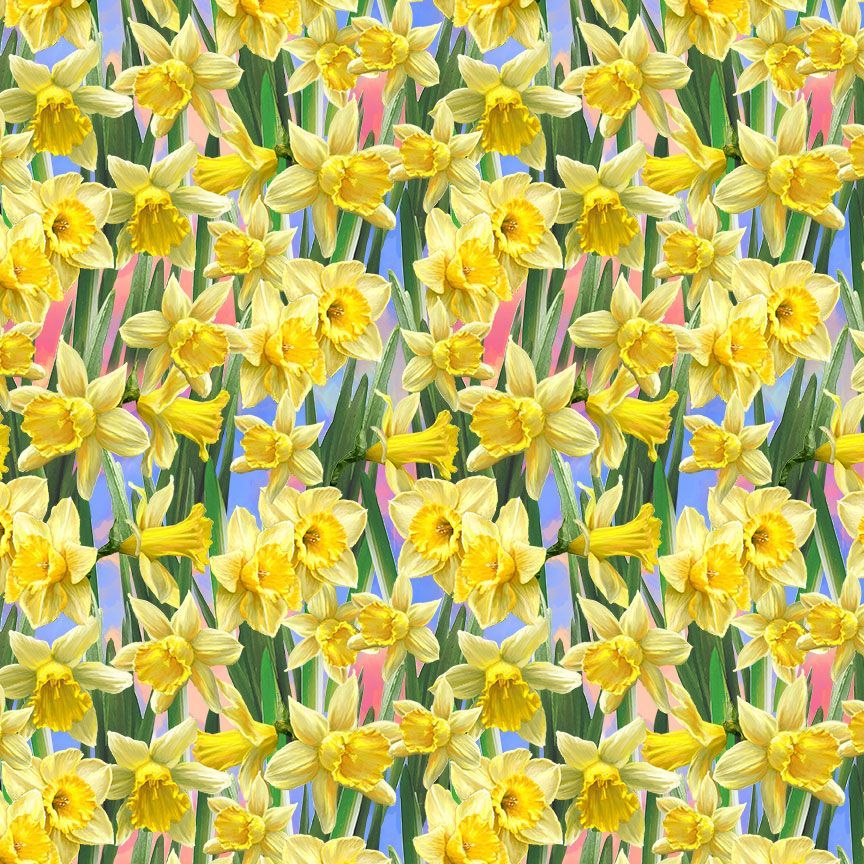 Timeless Treasures 100% Cotton Fabric Yellow Daffodils Flowers Floral Multi-Coloured (TT Just Hatched 4)