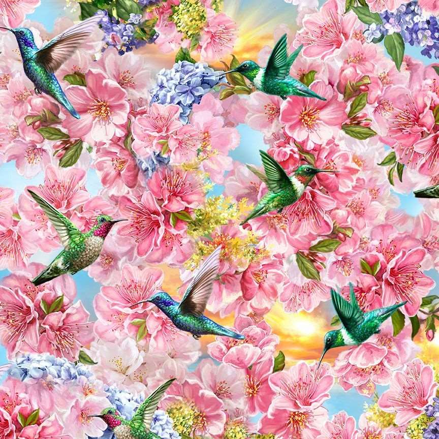 Timeless Treasures Hummingbirds & Floral Paradise Flowers Pink (TT Tropical 1)