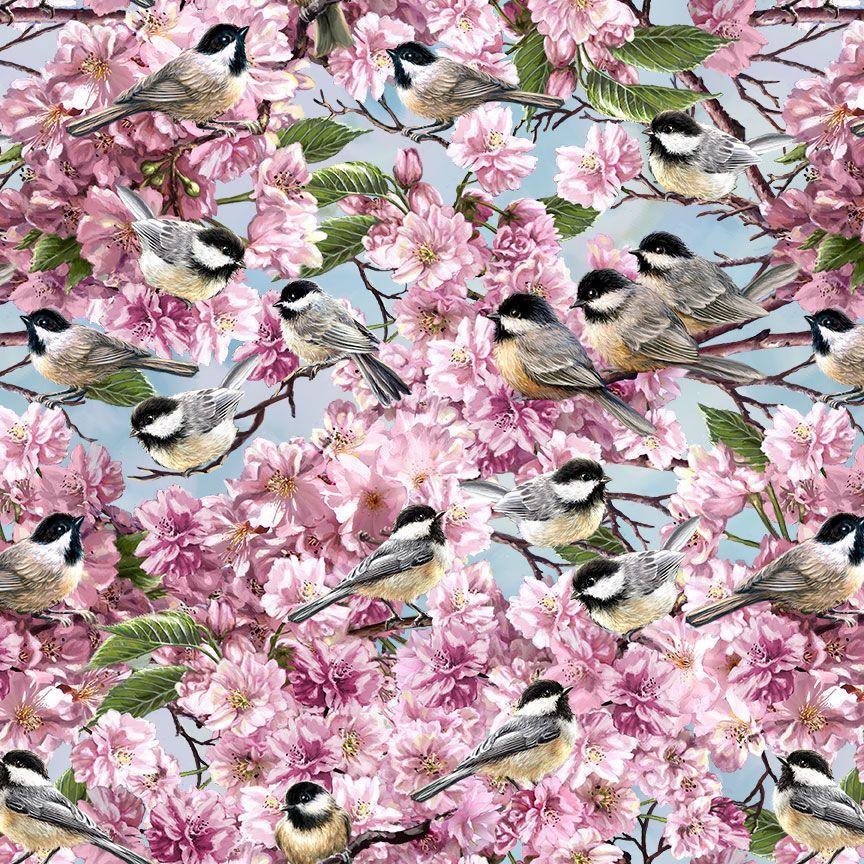 Timeless Treasures Chickadee Bird On Blossom Tree Animal Nature Flowers Blue Remnant (71cm x 112cm TT Chickadee 1)