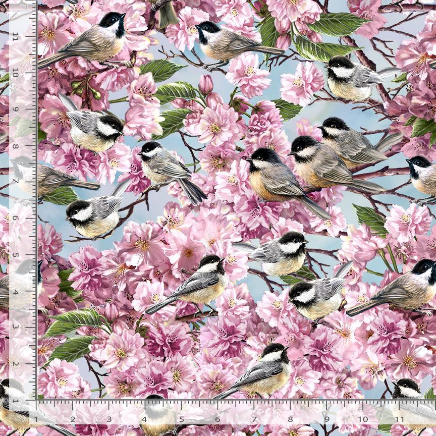 Timeless Treasures Chickadee Bird On Blossom Tree Animal Nature Flowers Blue Remnant (71cm x 112cm TT Chickadee 1)