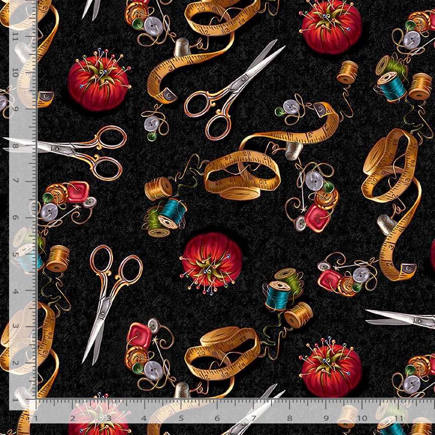 Timeless Treasures Packed Sewing Tools Hobby Scissors Tape Measure Thread Black (TT Sew Far So Good 1)