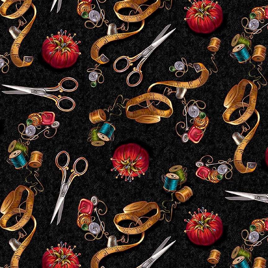 Timeless Treasures Packed Sewing Tools Hobby Scissors Tape Measure Thread Black (TT Sew Far So Good 1)