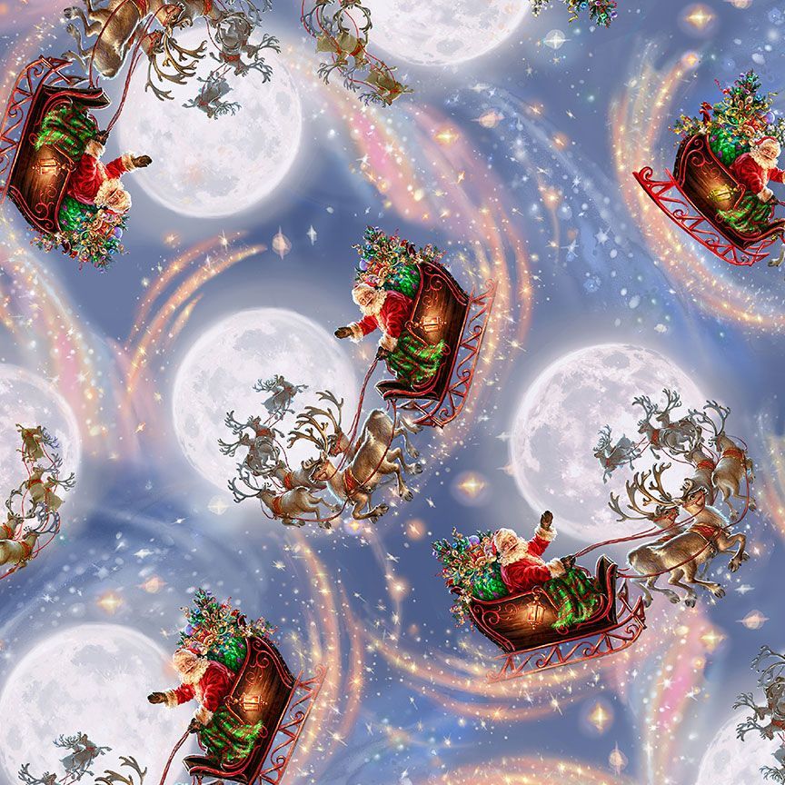 Pattern of Santa Claus in a sleigh with reindeer against a blue background with moon and star elements.