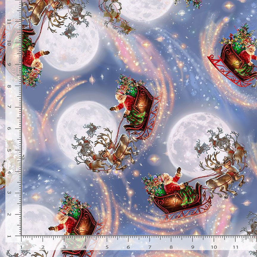 Timeless Treasures Santa Sleighs Moon Night Sky Flying Reindeer Christmas Magic Multi-Coloured Remnant (36cm x 112cm TT Christmas Eve 1)