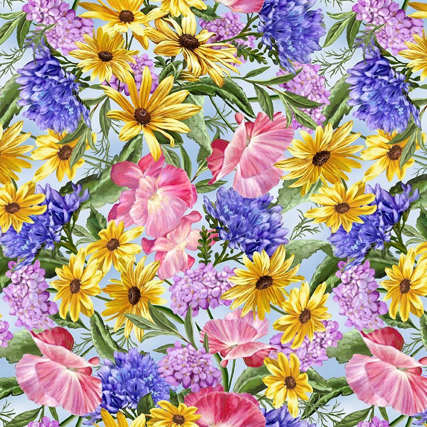 Timeless Treasures Bright Spring Floral Flowers Nature Blue Remnant (36cm x 112cm TT Faith 1)