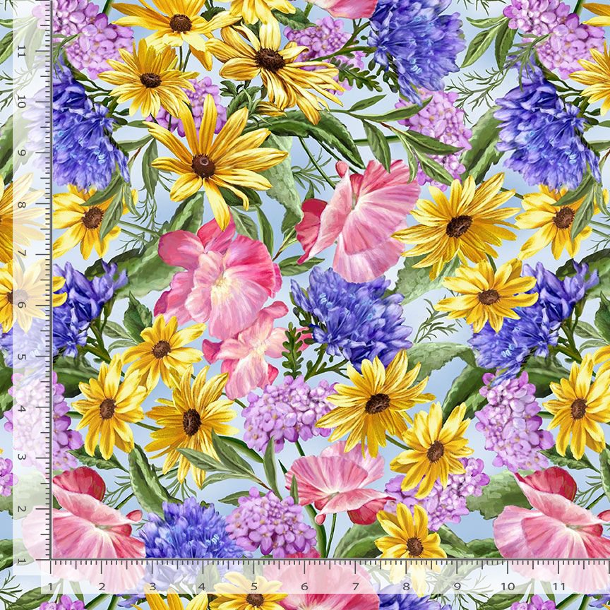 Timeless Treasures Bright Spring Floral Flowers Nature Blue Remnant (36cm x 112cm TT Faith 1)