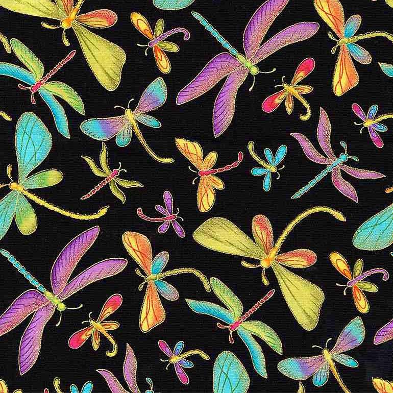 Timeless Treasures Metallic Flying Dragonflies Animal Nature Insect Black (TT Metallic Dragonflies)