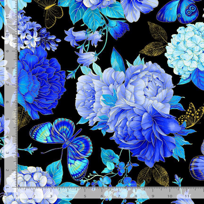 Timeless Treasures Large Pretty Butterfly Floral Metallic Black Remnant (48cm x 112cm TT Escapade 1)