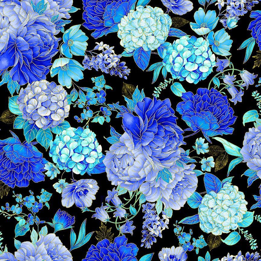 Timeless Treasures Pretty Floral Metallic Bouquet Black Remnant (43cm x 112cm TT Escapade 2)