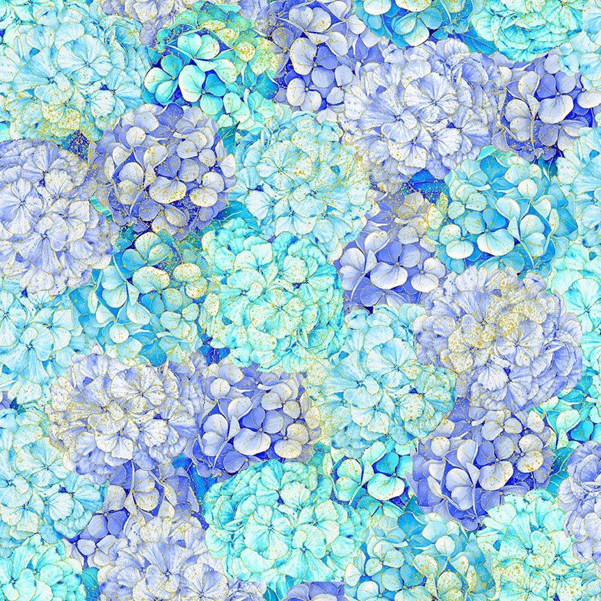 Timeless Treasures Packed Metallic Hydrangeas Blue Remnant (76cm x 112cm TT Escapade 3)
