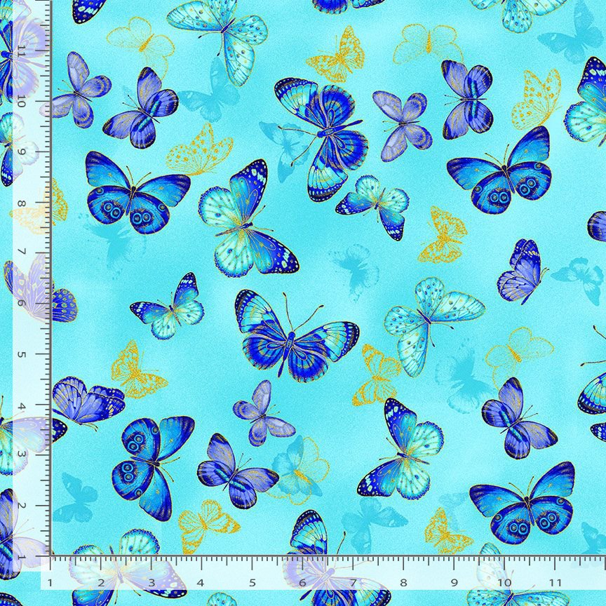 Timeless Treasures Pretty Flying Metallic Butterflies Blue Remnant (50cm x 112cm TT Escapade 5)