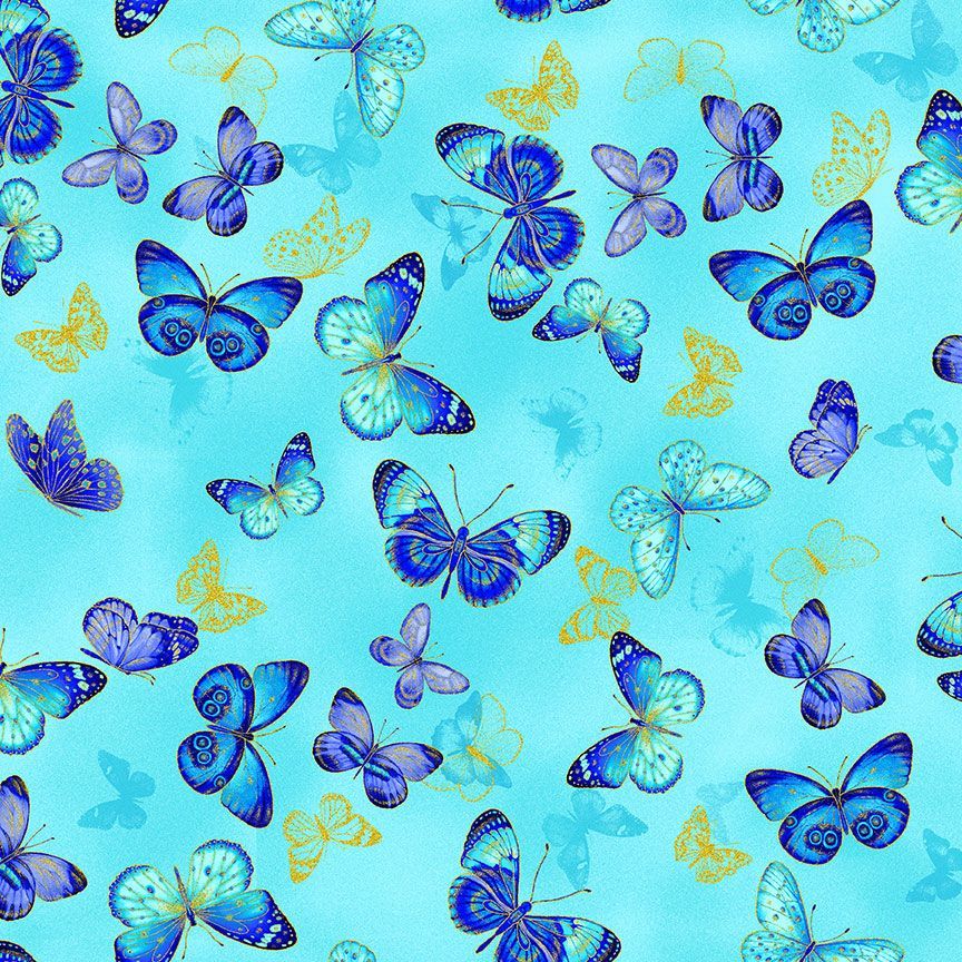 Timeless Treasures Pretty Flying Metallic Butterflies Blue Remnant (50cm x 112cm TT Escapade 5)