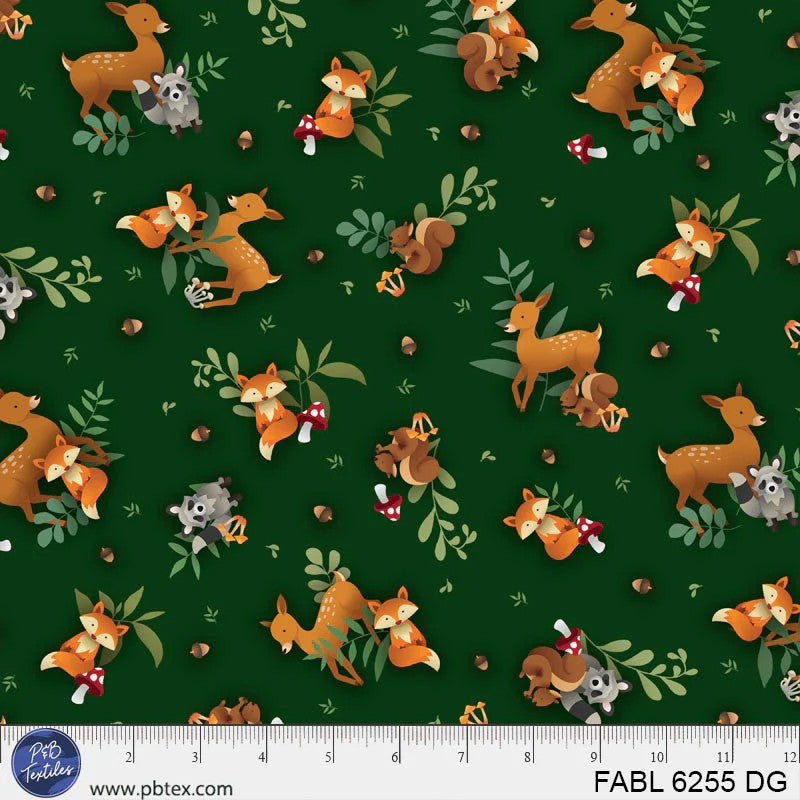 P & B Textiles FABL 6255 DG – Woodland Friends Forest Animal 100% Cotton Fabric for Sewing & Crafts (PB Fablewood 1)