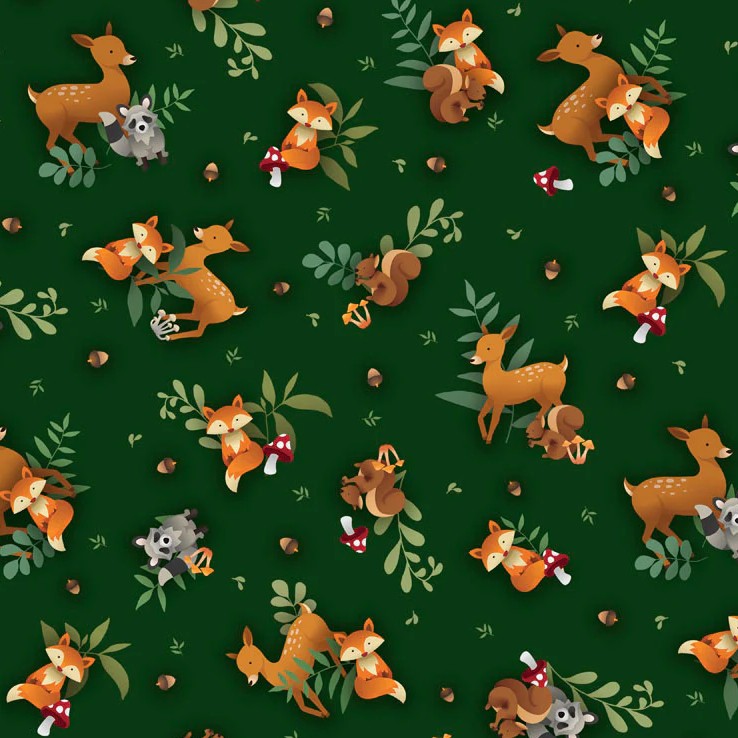 P & B Textiles FABL 6255 DG – Woodland Friends Forest Animal 100% Cotton Fabric for Sewing & Crafts (PB Fablewood 1)