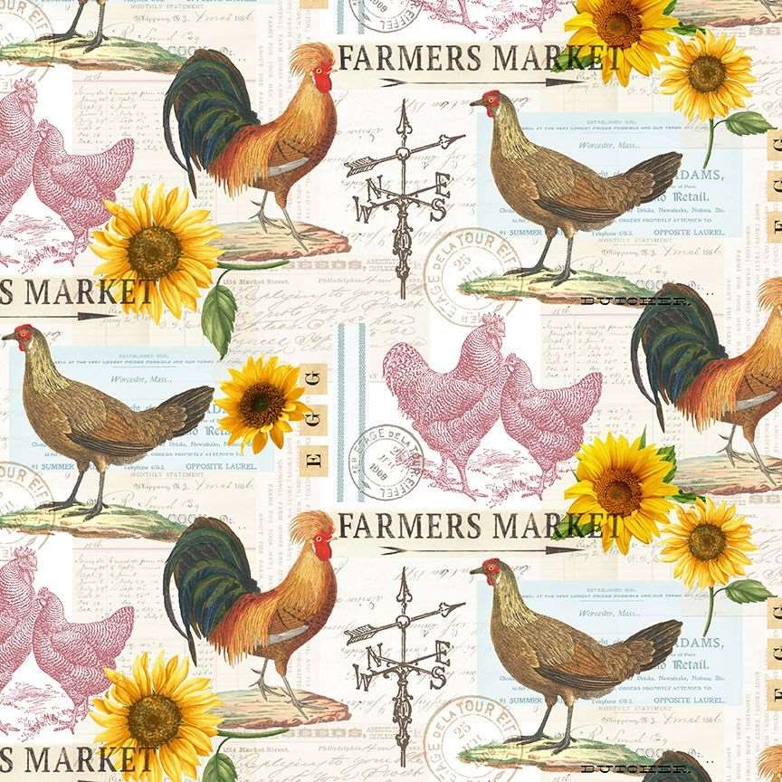 Timeless Treasures Poultry Farmers Market Cream Remnant (34cm x 112cm TT Spring Chickens 2)