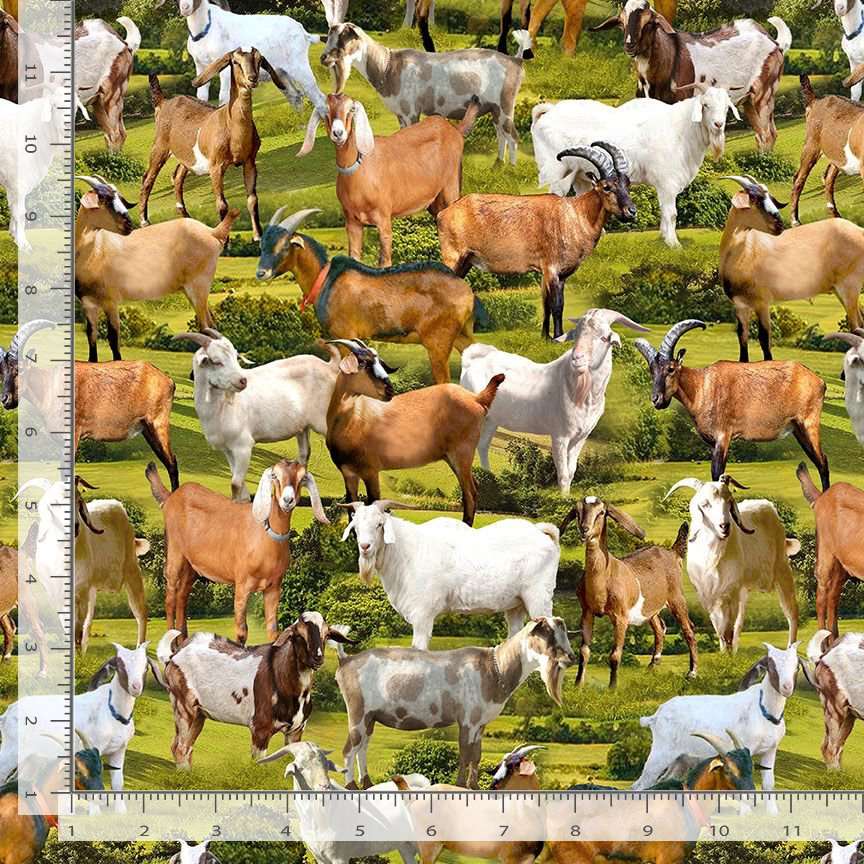 Timeless Treasures Goats In A Field Animal Green (TT Rolling Hills 2)