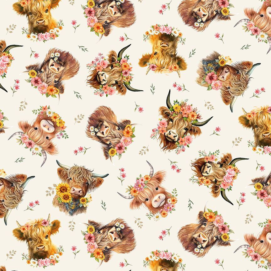 Timeless Treasures Tossed Highland Cow Farm Animal Cream Floral 100% Cotton Fabric (TT You Are My Sunshine 1)