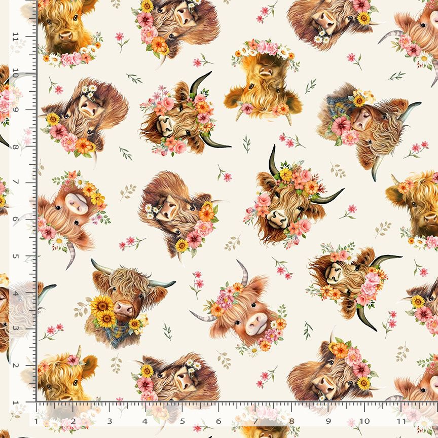 Timeless Treasures Tossed Highland Cow Farm Animal Cream Floral 100% Cotton Fabric (TT You Are My Sunshine 1)