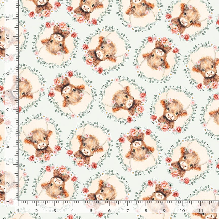 Timeless Treasures Tossed Highland Cow Floral Remnant (40cm x 112cm TT Til The Cows Come Home 1)