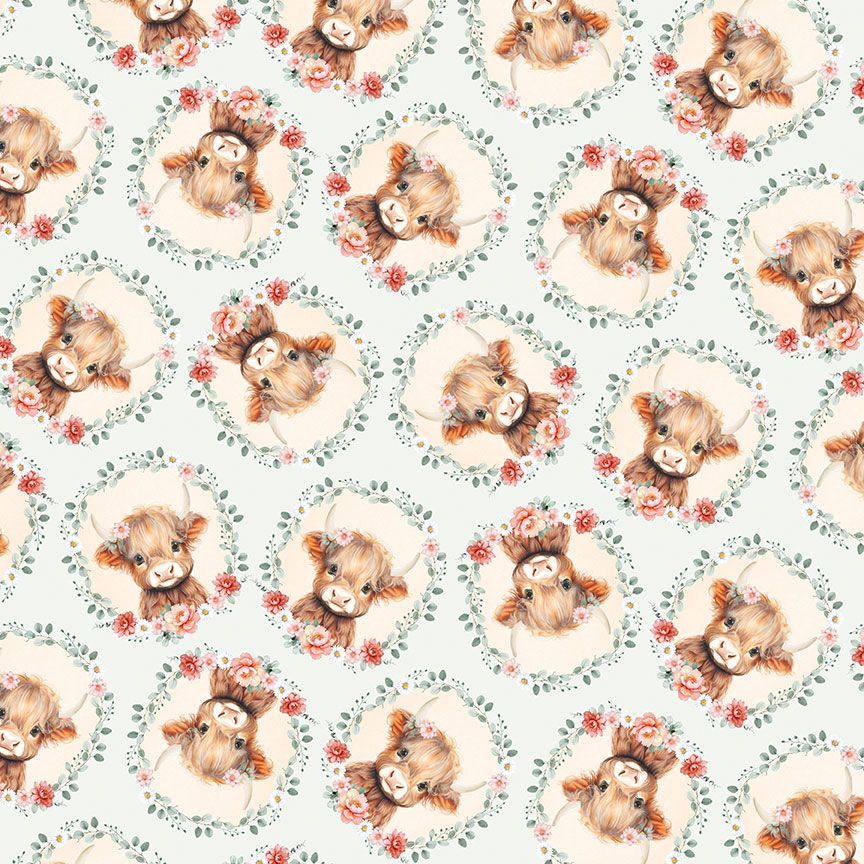 Timeless Treasures Tossed Highland Cow Floral Remnant (40cm x 112cm TT Til The Cows Come Home 1)