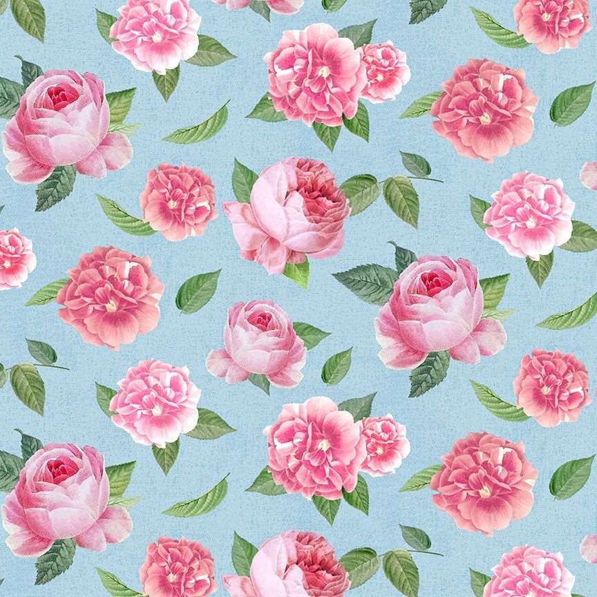 Timeless Treasures 100% Cotton Fabric Flowers Tossed Paris Pink Roses Blue Remnant (41cm x 112cm TT Belle Fleur 4)