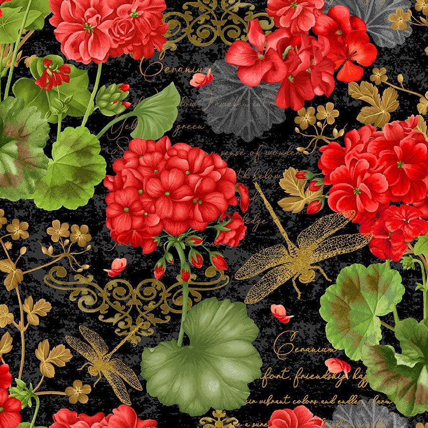 Timeless Treasures Geranium Dragonfly Collage Flowers Floral Nature Black Remnant (32cm x 112cm TT Scarlet Beauty 1)