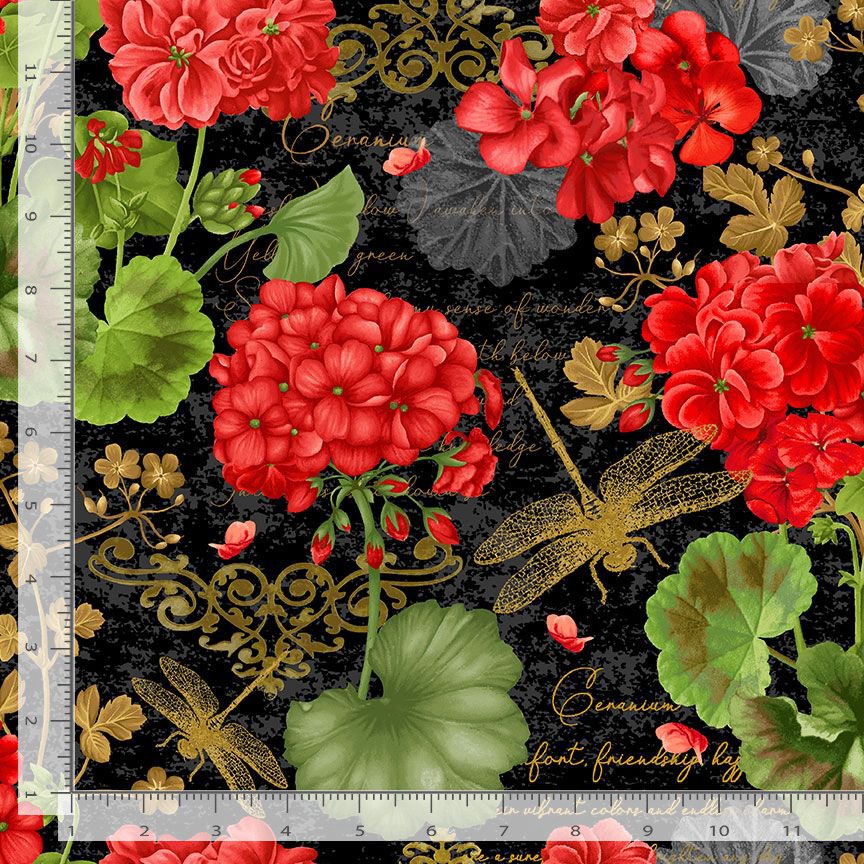 Timeless Treasures Geranium Dragonfly Collage Flowers Floral Nature Black Remnant (32cm x 112cm TT Scarlet Beauty 1)