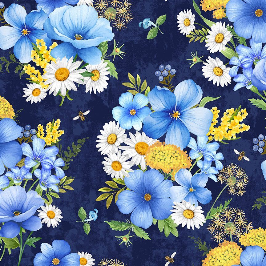 Timeless Treasures Bee Large Floral Bouquet Flowers Nature Navy (TT Bee & Bee Kind 1)