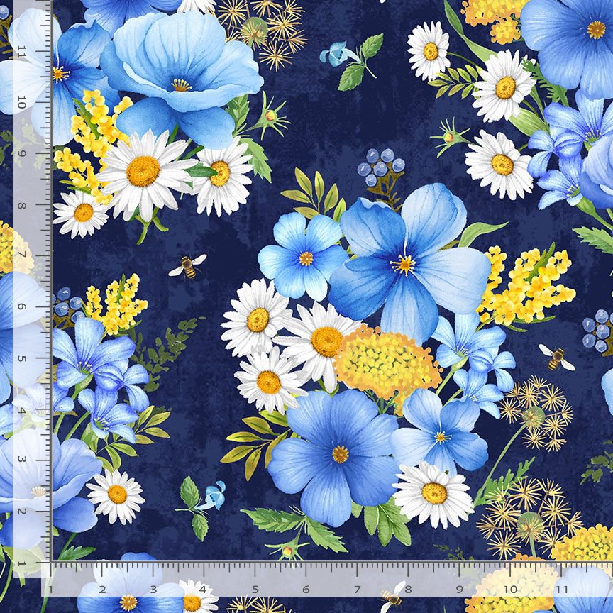 Timeless Treasures Bee Large Floral Bouquet Flowers Nature Navy (TT Bee & Bee Kind 1)