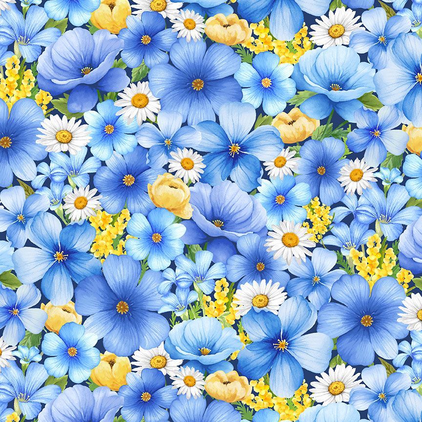 Timeless Treasures Medium Packed Floral Flowers Nature Blue (TT Bee & Bee Kind 2)
