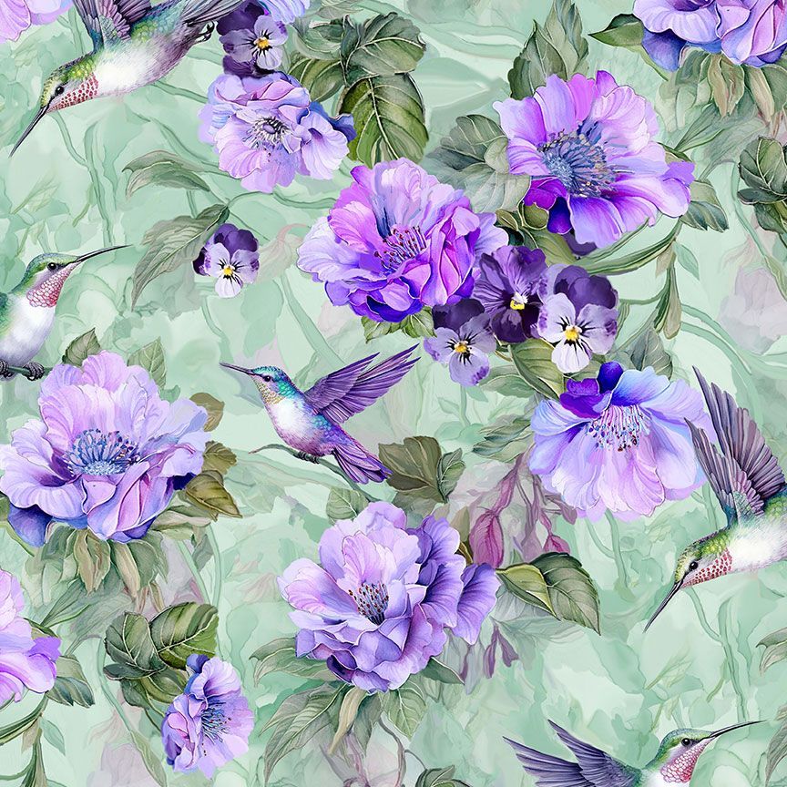 Timeless Treasures Pretty Hummingbirds Floral Flowers Nature Sage Green Remnant (63cm x 112cm TT Garden Delight 2)