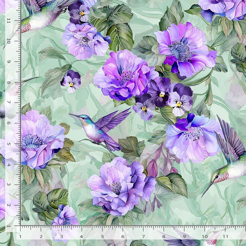 Timeless Treasures Pretty Hummingbirds Floral Flowers Nature Sage Green Remnant (63cm x 112cm TT Garden Delight 2)