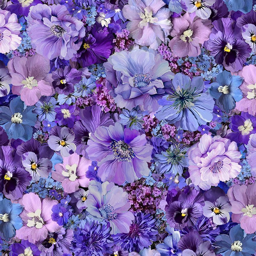 Timeless Treasures Pretty Packed Florals Flowers Bouquet Nature Purple Remnant (40cm x 112cn TT Garden Delight 3)