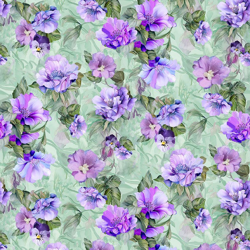 Timeless Treasures Pretty Purple Floral Flowers Bouquet Nature Sage Green (TT Garden Delight 4)