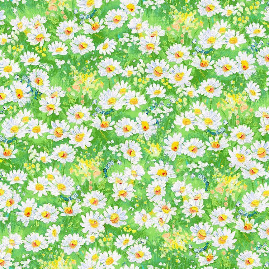 Timeless Treasures Watercolour Painted Daisy Florals Green (TT Forest Bloom 2)