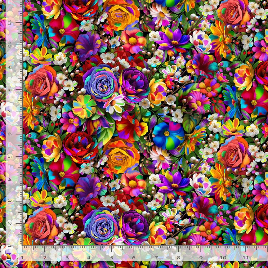 Timeless Treasures Packed Tropical Flowers Vibrant Rainbow Remnant (73cm x 112cm TT Stroke Of Genius 5)