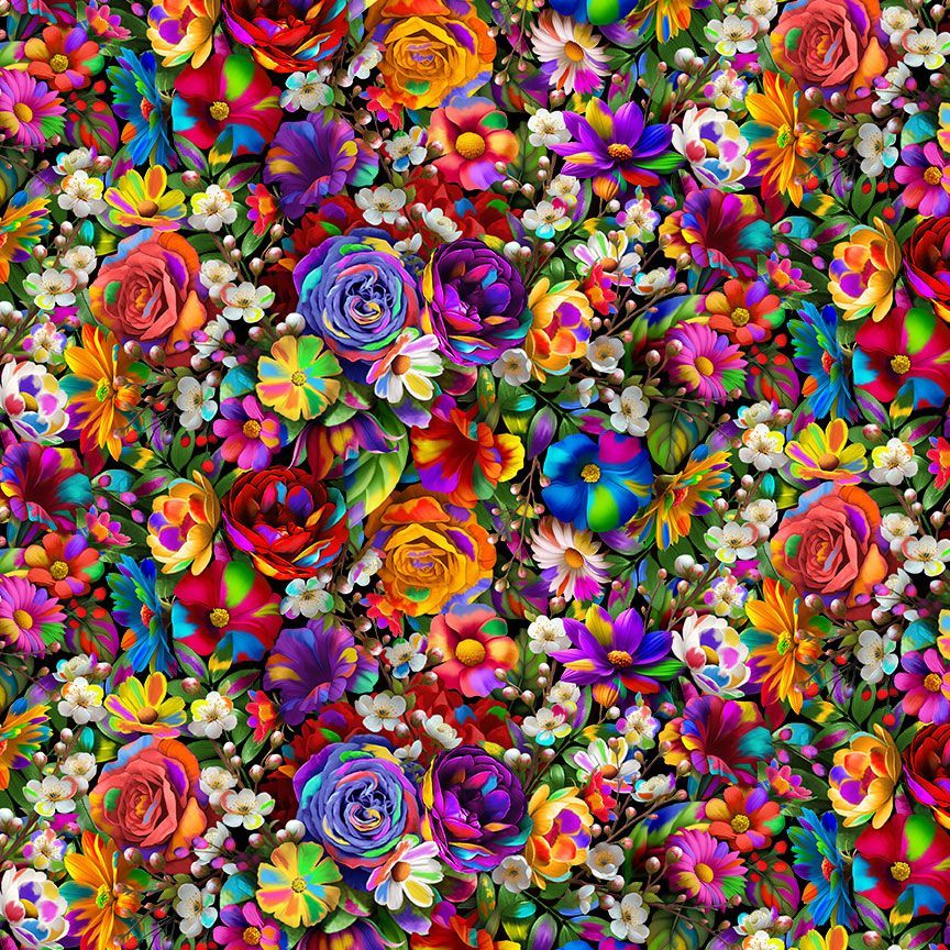 Timeless Treasures Packed Tropical Flowers Vibrant Rainbow Remnant (73cm x 112cm TT Stroke Of Genius 5)