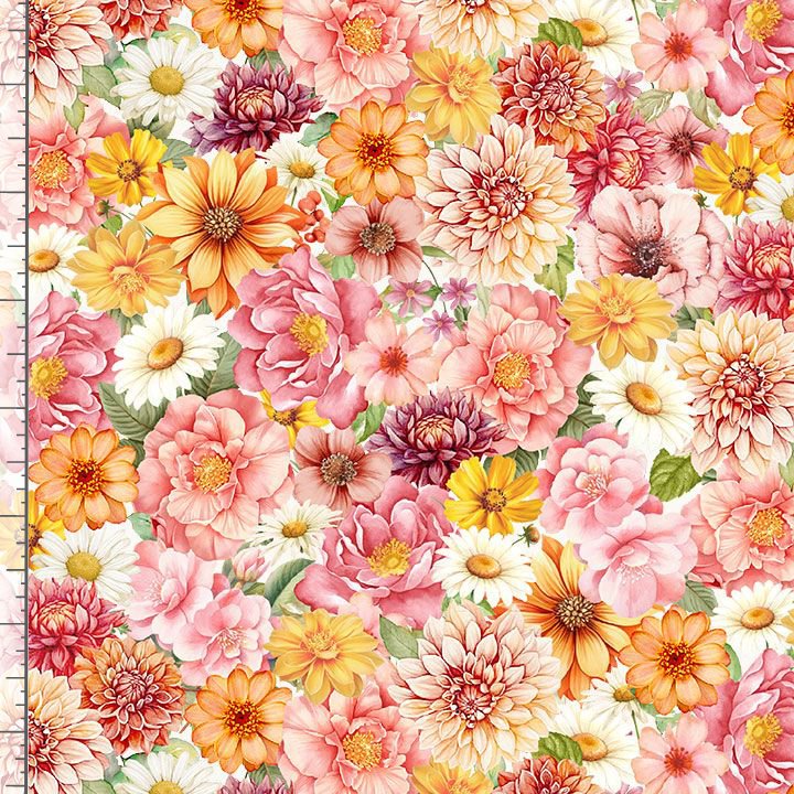 Timeless Treasures Large Packed Flowers Nature Pinks Oranges Remnant (36cm x 112cm TT Happy Place 1)