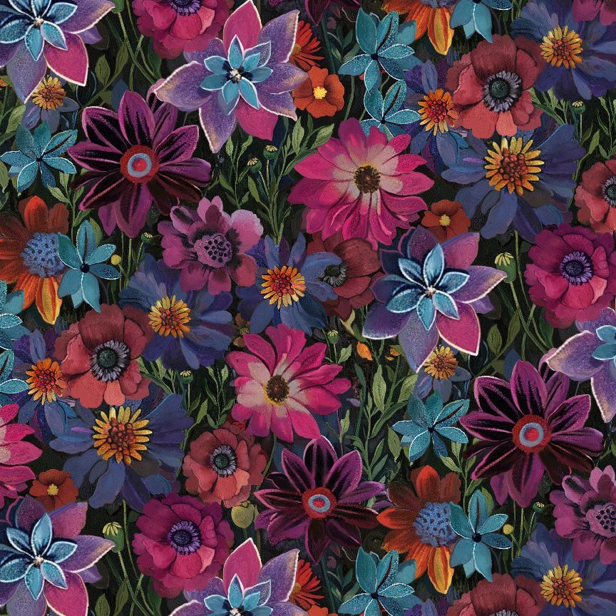 Timeless Treasures FLEUR CD4116 Black Jewel Tone Vibrant Floral 100% Cotton Fabric | Quilting, Dressmaking & Craft Fabric (TT Calico Cat 4)