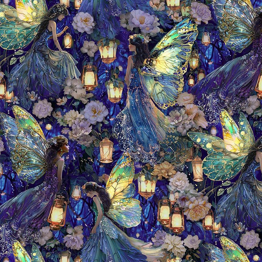 Timeless Treasures FLEUR CD4351 MULTI Lantern Fairy Floral Whimsical Blue 100% Cotton Fabric | Quilting, Dressmaking & Craft Fabric (TT Lumiere 2)