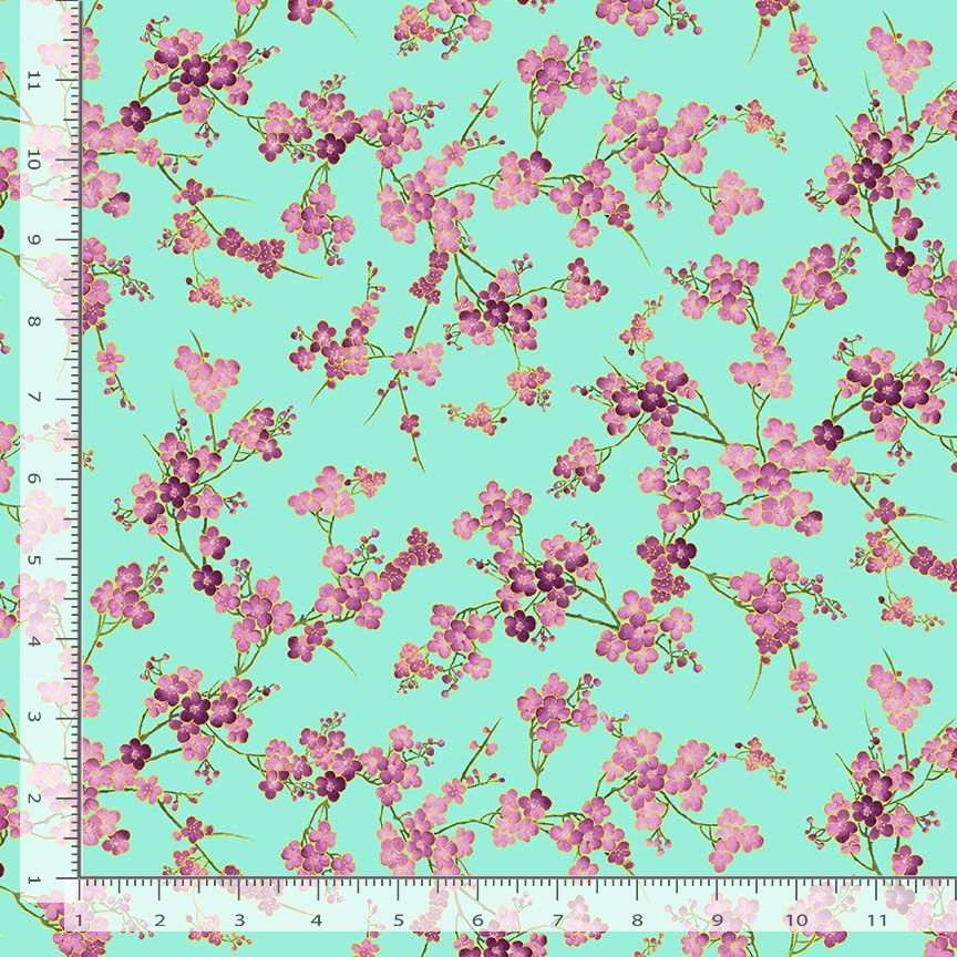 Timeless Treasures Cherry Blossom Branches Flowers Nature Metallic Aqua (TT Shizuka 3)